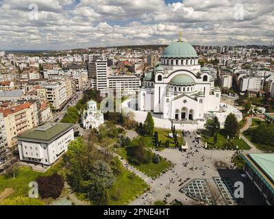 Belgrade cityscape. Aerial panorama of an old Belgrade capital of Serbia with the Church of Saint Sava. The Church of Saint Sava is one of the most re Stock Photo