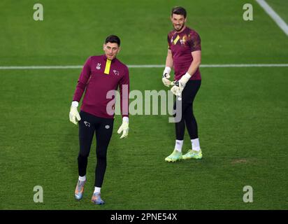 Derby County goalkeepers Luke McGee and Joe Wildsmith warming up ahead of the Sky Bet League One match at St James Park, Exeter. Picture date: Tuesday April 18, 2023. Stock Photo