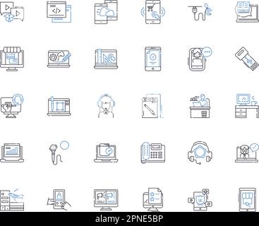 Devices tech line icons collection. Smartph, Tablet, Laptop, Desktop, Smartwatch, Fitness tracker, Gaming console vector and linear illustration Stock Vector