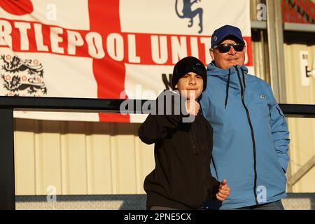 Hartlepool fans during the Sky Bet League 2 match between Salford City and Hartlepool United at Moor Lane, Salford on Tuesday 18th April 2023. (Photo: Chris Donnelly | MI News) Credit: MI News & Sport /Alamy Live News Stock Photo