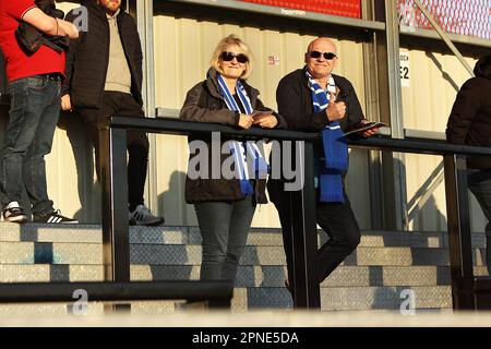 Hartlepool fans during the Sky Bet League 2 match between Salford City and Hartlepool United at Moor Lane, Salford on Tuesday 18th April 2023. (Photo: Chris Donnelly | MI News) Credit: MI News & Sport /Alamy Live News Stock Photo