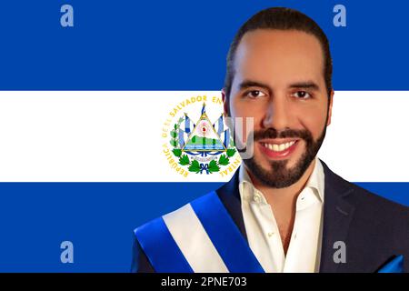 Nayib Bukele and flag of El Salvador Stock Photo