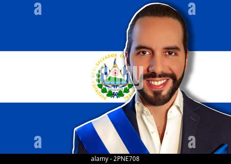 Nayib Bukele and flag of El Salvador Stock Photo