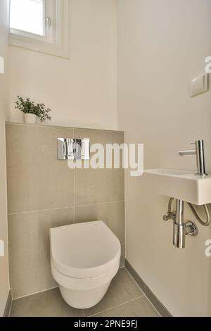 a small bathroom with a toilet and plant in the corner next to the wall mounted fauced on the right side Stock Photo