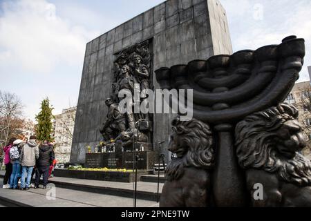 The Monument to the Ghetto Heroes commemorates Jewish insurgents from the Warsaw Ghetto, which lasted from 19 April 1943 to 16 May 1943. This year April 19, the world will mark the 80th anniversary of the Warsaw Ghetto Uprising - the first large-scale metropolitan uprising in Nazi-occupied Europe. The Uprising became an everlasting symbol of the resistance of Polish Jews against the Holocaust. Between 1942 to 1943 Germans transported over 300,000 Jews from the Warsaw Ghetto to the death camp in Treblinka and other camps.A day before the official ceremonies, the main spots in Warsaw are being p Stock Photo