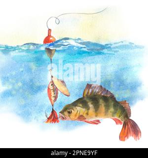 watercolor illustration, perch swims up to a fishing hook with bait  underwater, isolated on a white background. Illustration can be used on  postcards Stock Photo - Alamy