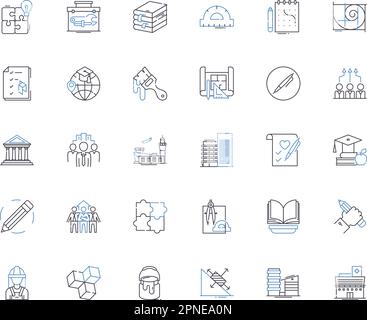 Construction line icons collection. Concrete, Excavation, Framing, Demolition, Renovation, Scaffolding, Plumbing vector and linear illustration Stock Vector