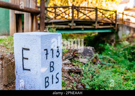 Spanish side. Smallest international bridge in the world, over the Abrilongo river, on the border of Spain and Portugal. El Marco, La Codosera, Badajo Stock Photo