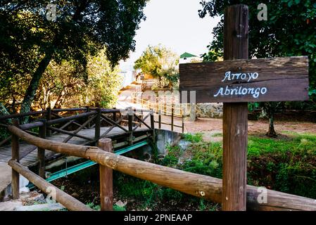 Spanish side. Smallest international bridge in the world, over the Abrilongo river, on the border of Spain and Portugal. El Marco, La Codosera, Badajo Stock Photo