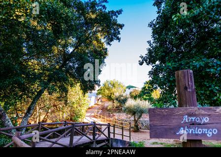 Spanish side. Smallest international bridge in the world, over the Abrilongo river, on the border of Spain and Portugal. El Marco, La Codosera, Badajo Stock Photo