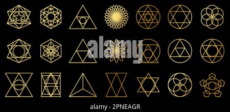 Set of sacred geometry icons in golden gradient. Geometry outline shapes isolated on black background Stock Vector