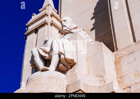 Detail of Miguel de Cervantes seated. Monument to Miguel de Cervantes. Plaza de España - Spain Square. Madrid, Comunidad de Madrid, Spain, Europe Stock Photo