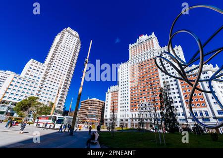 Two prominent skyscrapers, Edificio España - Spain Building (R) and Torre de Madrid - Tower of Madrid (L). Plaza de España, Spain Square, is a large s Stock Photo