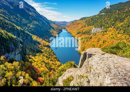 Lower Ausable Lake in the Adirondack Mountains, New York State, USA during Fall colors. Stock Photo