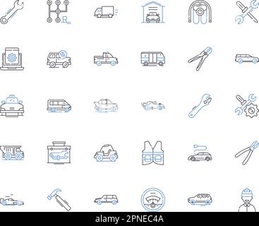 Automobile maintenance line icons collection. Oil, Tire, Battery, Brake, Alignment, Transmission, Radiator vector and linear illustration. Filter Stock Vector