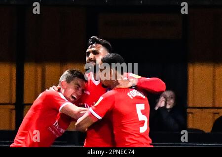 Ryan Tafazolli (6 Wycombe Wanderers) celebrates after scoring team's first goal with teammates during the Sky Bet League 1 match between Cambridge United and Wycombe Wanderers at the R Costings Abbey Stadium, Cambridge on Tuesday 18th April 2023. (Photo: Kevin Hodgson | MI News) Credit: MI News & Sport /Alamy Live News Stock Photo