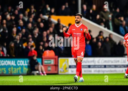 Ryan Tafazolli (6 Wycombe Wanderers) celebrates after scoring first goal during the Sky Bet League 1 match between Cambridge United and Wycombe Wanderers at the R Costings Abbey Stadium, Cambridge on Tuesday 18th April 2023. (Photo: Kevin Hodgson | MI News) Credit: MI News & Sport /Alamy Live News Stock Photo