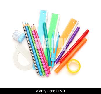 Colorful stationery supplies on white background Stock Photo