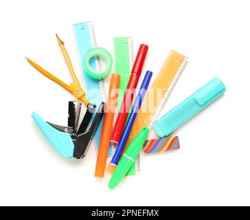 Colorful stationery supplies on white background Stock Photo