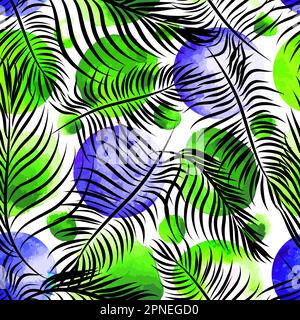 Trendy seamless exotic pattern with hand texture. Palm leaves and watercolor circles. Vector illustration Stock Vector