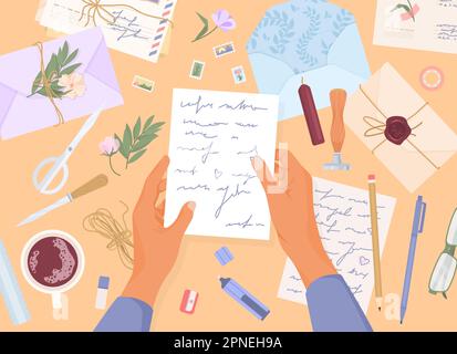 Romantic letters post flat composition man at a table reading a romantic letter and around him other letters envelopes seals sealing wax vector illust Stock Vector