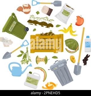 Round compost colored composting flat composition scraps fertilizer watering cans trash cans vector illustration Stock Vector