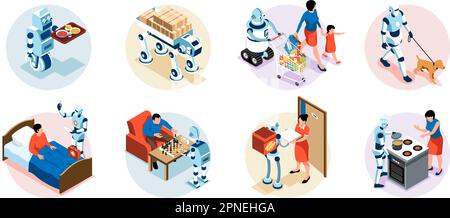 Industrial and household robot assistant helping people doing chores isometric set isolated 3d vector illustration Stock Vector