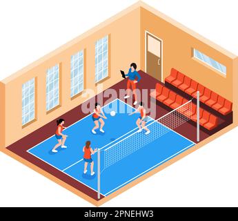 Female school team playing volleyball in gym 3d isometric vector illustration Stock Vector
