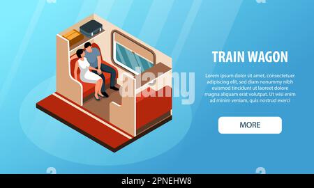 Isometric horizontal web banner with couple travelling in railway train wagon on blue background 3d vector illustration Stock Vector