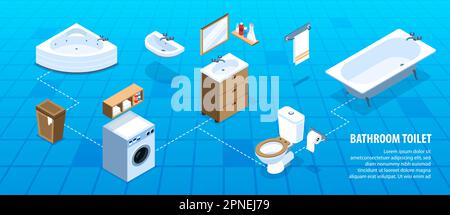 Bathroom toilet interior isometric blue background infographics with jacuzzi washbasin washing machine bath towel 3d vector illustration Stock Vector