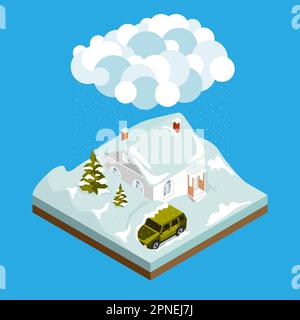 Natural disaster isometric composition with house and car buried in snow during heavy snowfall on blue background 3d vector illustration Stock Vector