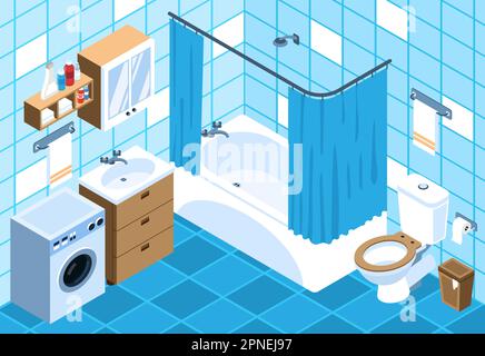 Bathroom isometric design with white bathtub toilet washbasin washing machine towels and cosmetic products on shelf 3d vector illustration Stock Vector