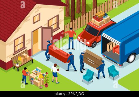 Family moving isometric composition with movers unloading van and carrying furniture into new house 3d vector illustration Stock Vector