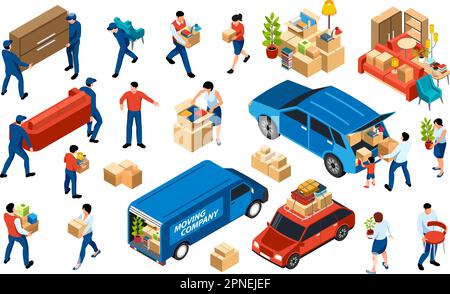 Relocation isometric set with moving families and movers in uniform carrying furniture and boxes isolated 3d vector illustration Stock Vector