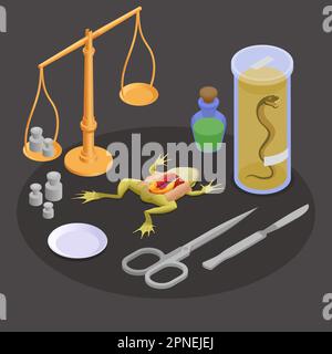 Ancient science concept with alchemy symbols isometric vector illustration Stock Vector