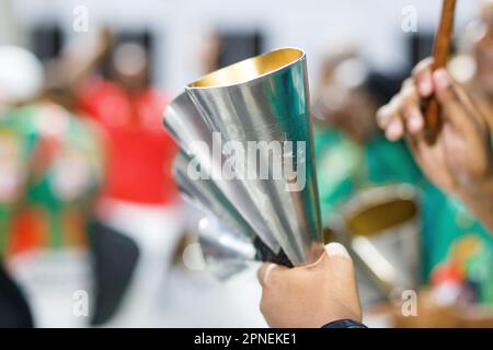 musical instrument known as agogo, during carnival rehearsal in Rio de Janeiro, Brazil. Stock Photo