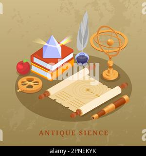 Ancient science concept with geography symbols isometric vector illustration Stock Vector