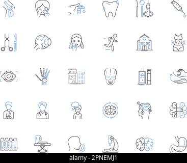 Doctor's office line icons collection. Examination, Diagnosis, Treatment, Prescription, Vaccine, Checkup, Bloodwork vector and linear illustration. X Stock Vector