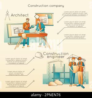 Construction company flat infographic poster with editable text architects and engineers at work vector illustration Stock Vector