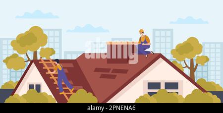 Roof flat composition with cityscape scenery and two workers climbing on house roof with ladder instruments vector illustration Stock Vector