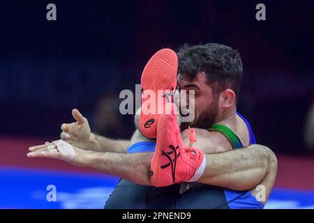 CROATIA – APRIL 18: Haji Aliyev of Azerbijan  (red) competes against Ramazan Eldarovitch Ramazanov of Bulgaria  (blue) during Men's Freestyle 70 kg weight Senior European Wrestling Championship gold medal match on April 18, 2023, at Arena Zagreb in Zagreb, Croatia. Photo: Igor Soban/PIXSELL Stock Photo