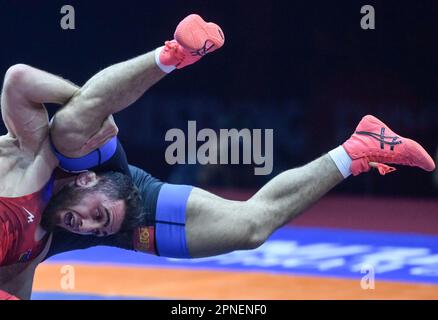 CROATIA – APRIL 18: Haji Aliyev of Azerbijan  (red) competes against Ramazan Eldarovitch Ramazanov of Bulgaria  (blue) during Men's Freestyle 70 kg weight Senior European Wrestling Championship gold medal match on April 18, 2023, at Arena Zagreb in Zagreb, Croatia. Photo: Igor Soban/PIXSELL Stock Photo