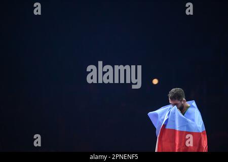 CROATIA – APRIL 18: Haji Aliyev of Azerbijan  celebrates after the victory in  Men's Freestyle 70 kg weight Senior European Wrestling Championship gold medal match on April 18, 2023, at Arena Zagreb in Zagreb, Croatia. Photo: Igor Soban/PIXSELL Stock Photo