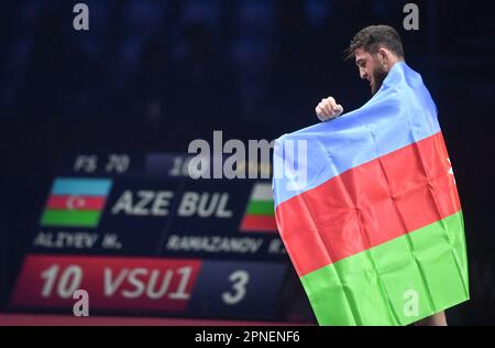 CROATIA – APRIL 18: Haji Aliyev of Azerbijan  celebrates after the victory in  Men's Freestyle 70 kg weight Senior European Wrestling Championship gold medal match on April 18, 2023, at Arena Zagreb in Zagreb, Croatia. Photo: Igor Soban/PIXSELL Stock Photo