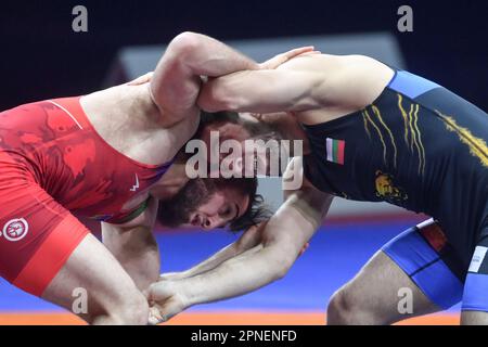 CROATIA – APRIL 18: Haji Aliyev of Azerbijan  (red) competes against Ramazan Eldarovitch Ramazanov of Bulgaria  (blue) during Men's Freestyle 70 kg weight Senior European Wrestling Championship gold medal match on April 18, 2023, at Arena Zagreb in Zagreb, Croatia. Photo: Igor Soban/PIXSELL Stock Photo