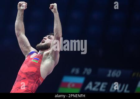 CROATIA – APRIL 18: Haji Aliyev of Azerbijan  celebrates after the victory in  Men's Freestyle 70 kg weight Senior European Wrestling Championship gold medal match on April 18, 2023, at Arena Zagreb in Zagreb, Croatia. Photo: Igor Soban/PIXSELL Stock Photo