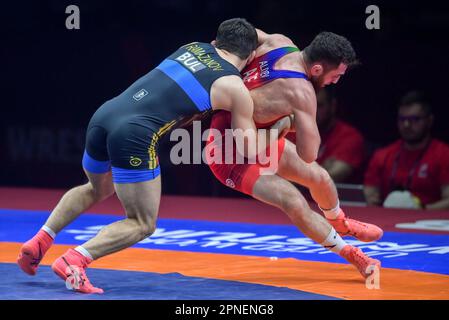 CROATIA – APRIL 18: Haji Aliyev of Azerbijan  (red) competes against Ramazan Eldarovitch Ramazanov of Bulgaria  (blue) during Men's Freestyle 70 kg weight Senior European Wrestling Championship gold medal match on April 18, 2023, at Arena Zagreb in Zagreb, Croatia. Photo: Igor Soban/PIXSELL Stock Photo