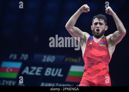 CROATIA – APRIL 18: Haji Aliyev of Azerbijan  celebrates after the victory in  Men's Freestyle 70 kg weight Senior European Wrestling Championship gold medal match on April 18, 2023, at Arena Zagreb in Zagreb, Croatia. Photo: Igor Soban/PIXSELL Stock Photo