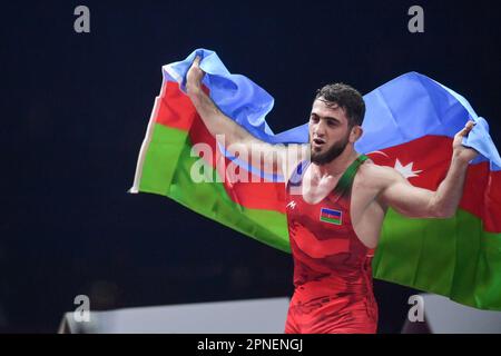 CROATIA – APRIL 18: Haji Aliyev of Azerbijan  celebrates after the victory in  Men's Freestyle 70 kg weight Senior European Wrestling Championship gold medal match on April 18, 2023, at Arena Zagreb in Zagreb, Croatia. Photo: Igor Soban/PIXSELL Stock Photo