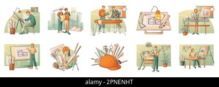 Architects and construction engineers flat set with architectural projects tools and working professionals isolated vector illustration Stock Vector